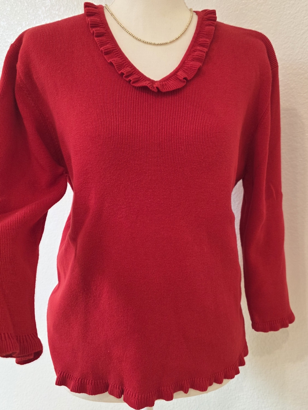 Sag Harbor Red Ruffle-Trim V-Neck Sweater